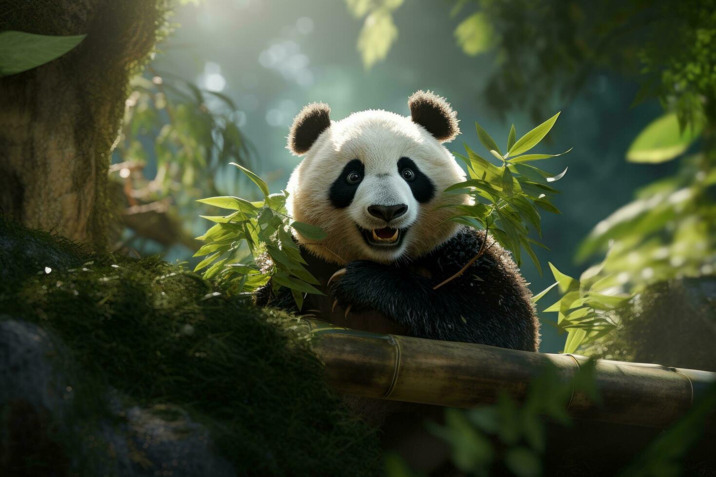 ai gegenereerd vastklampen panda aan het eten bamboe foto