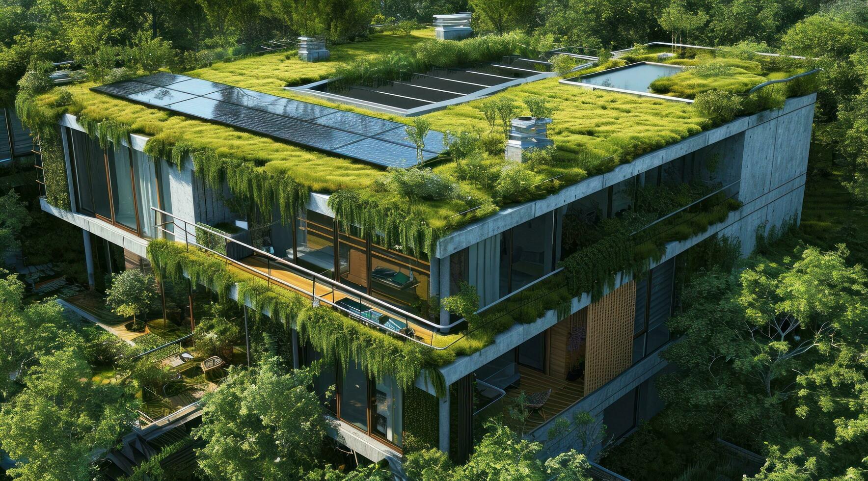 ai gegenereerd een huis met groen daken en zonne- panelen is getoond foto