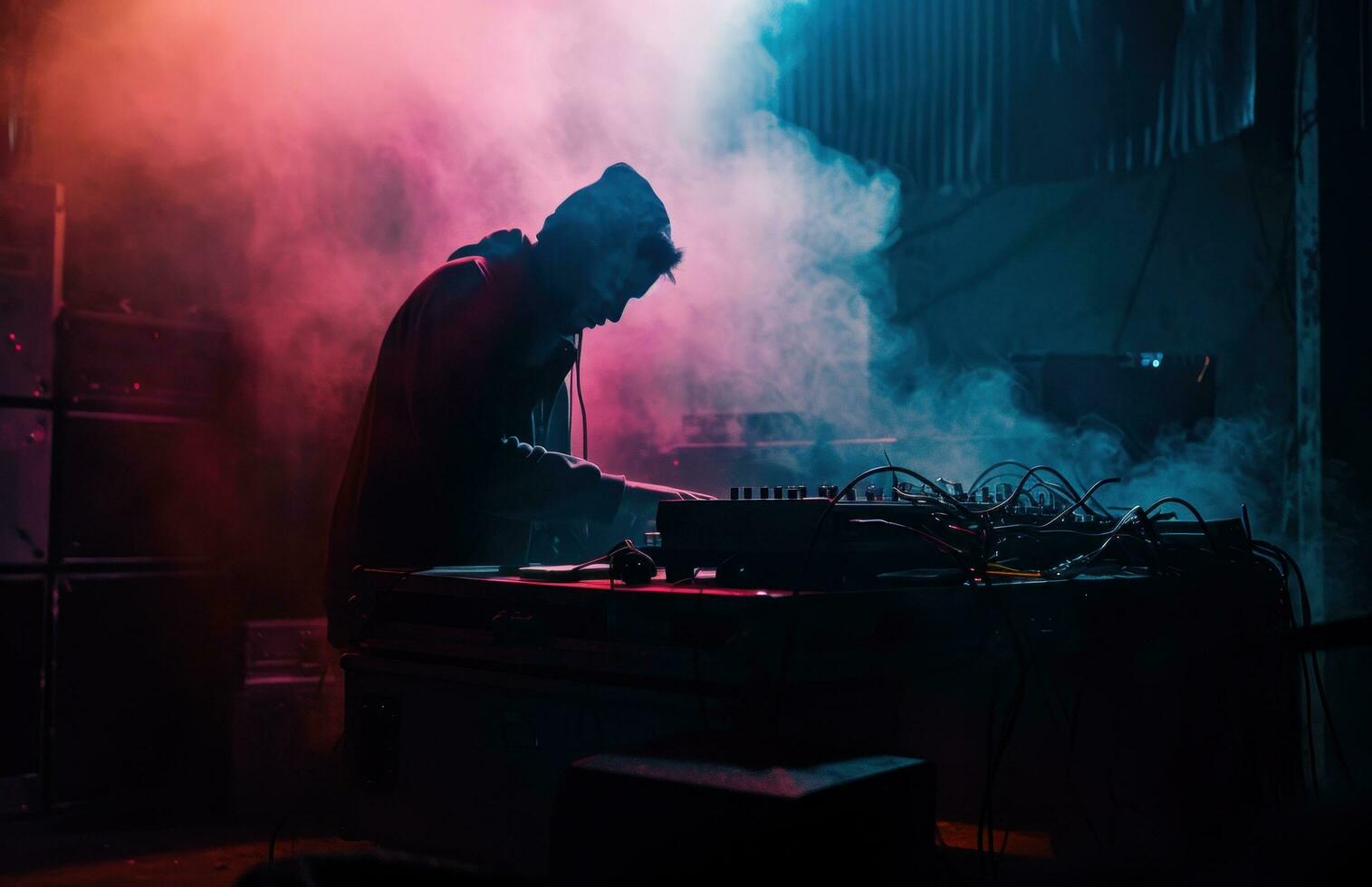 ai gegenereerd een Mens is spelen muziek- terwijl de rook van de muziek- uitrusting foto