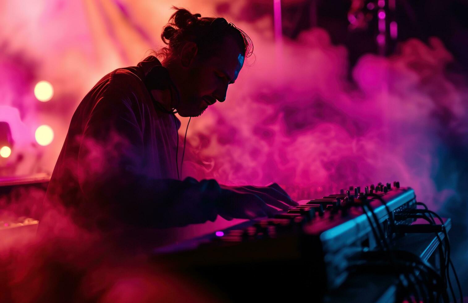 ai gegenereerd een Mens is spelen muziek- terwijl de rook van de muziek- uitrusting foto