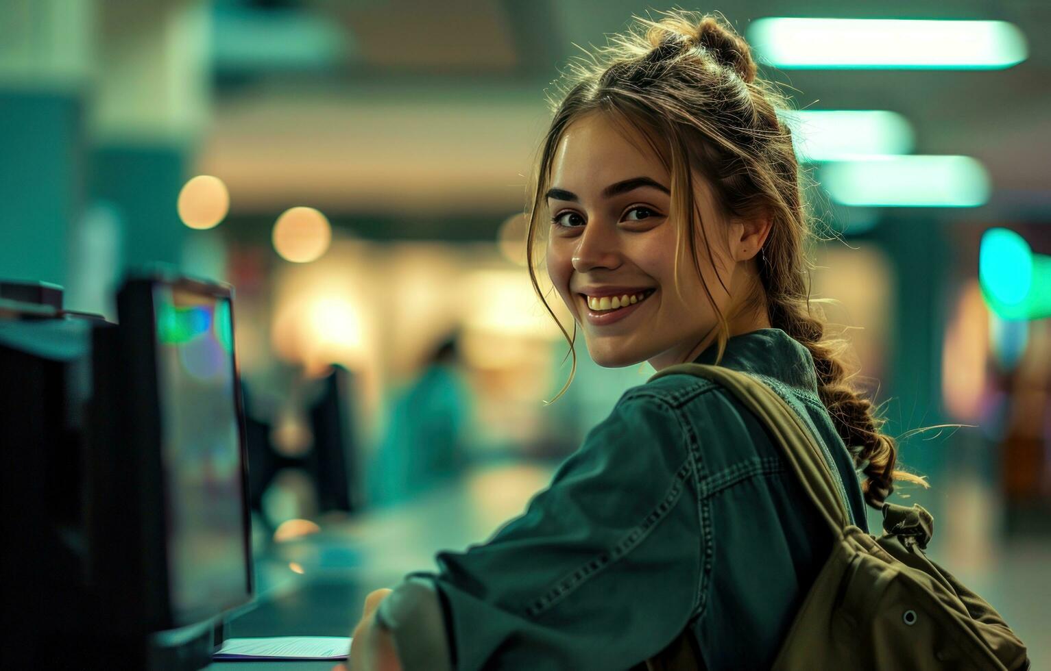 ai gegenereerd een vrouw glimlacht net zo ze loopt over- naar de registreren foto