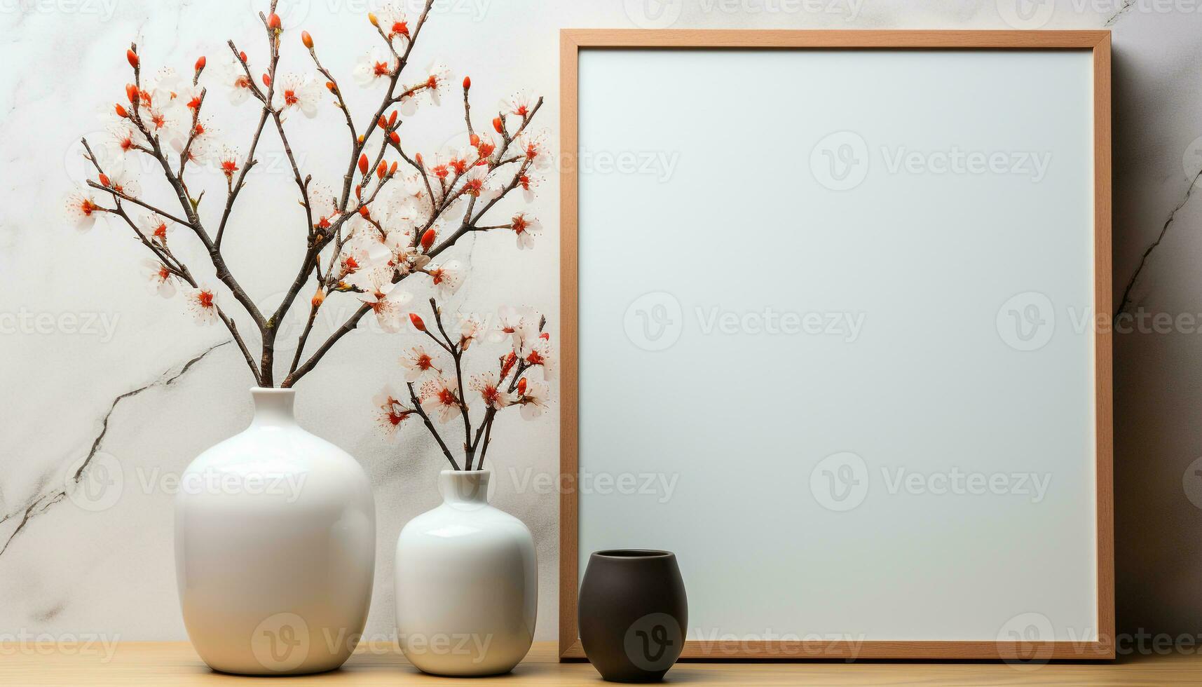 ai gegenereerd modern vaas Aan houten tafel met bloem decoratie binnenshuis gegenereerd door ai foto