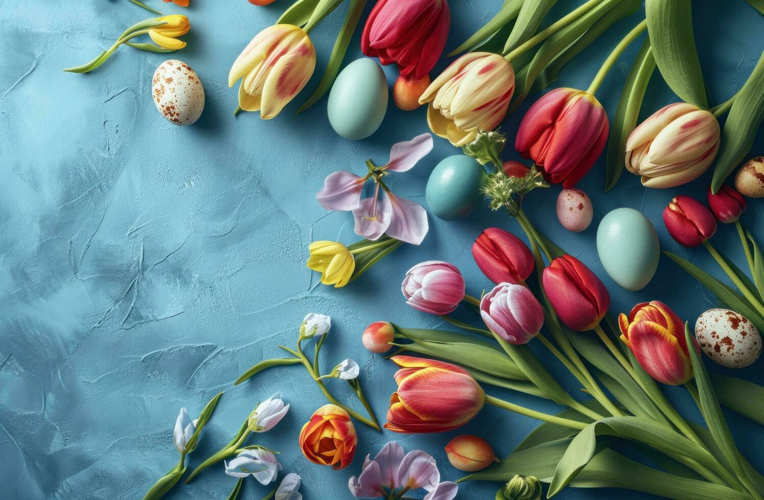 ai gegenereerd blauw Pasen eieren en tulpen Aan blauw achtergrond foto