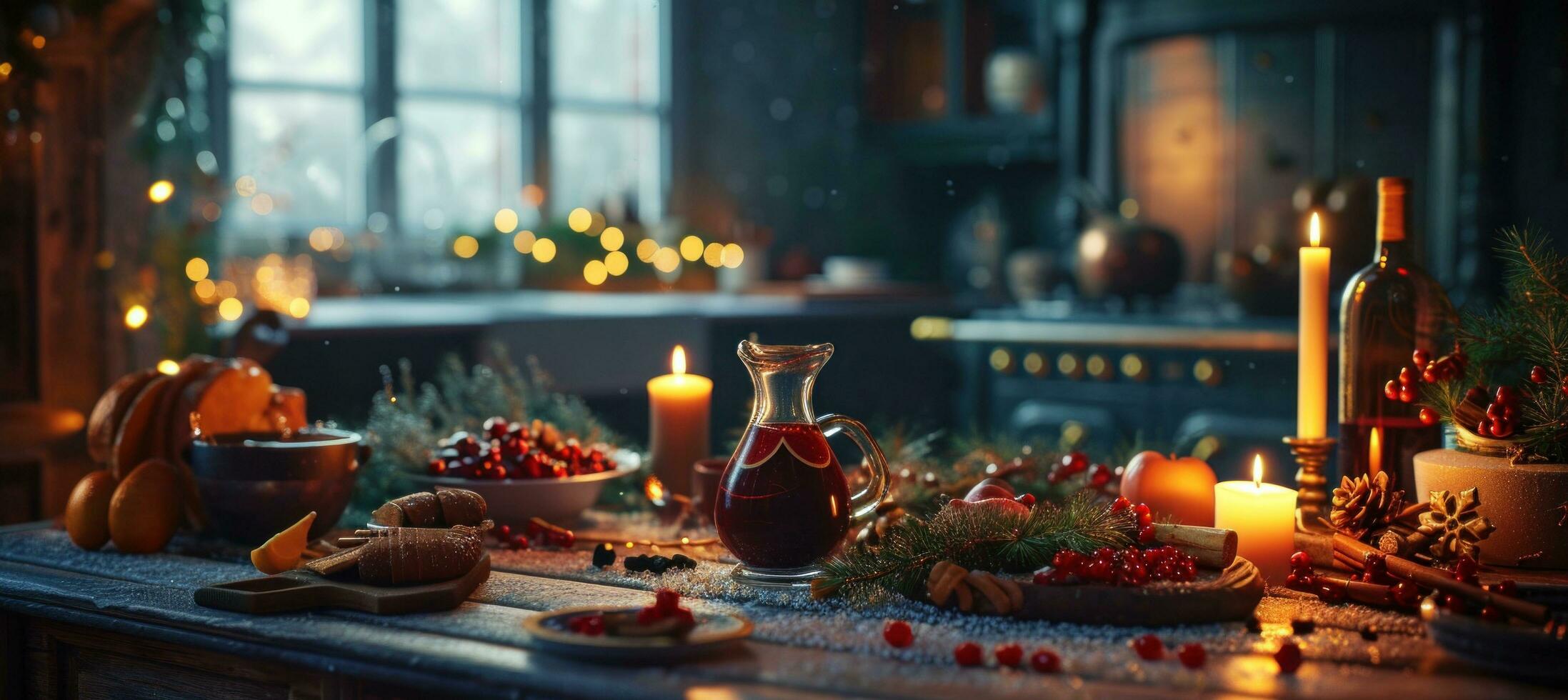 ai gegenereerd Kerstmis in keuken met overwogen wijn foto