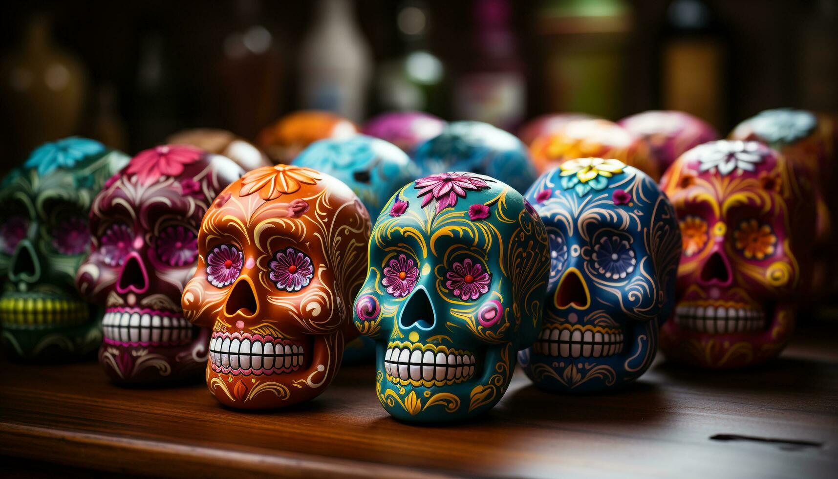 ai gegenereerd dag van de dood viering kleurrijk schedels, oude traditie, Mexicaans cultuur gegenereerd door ai foto