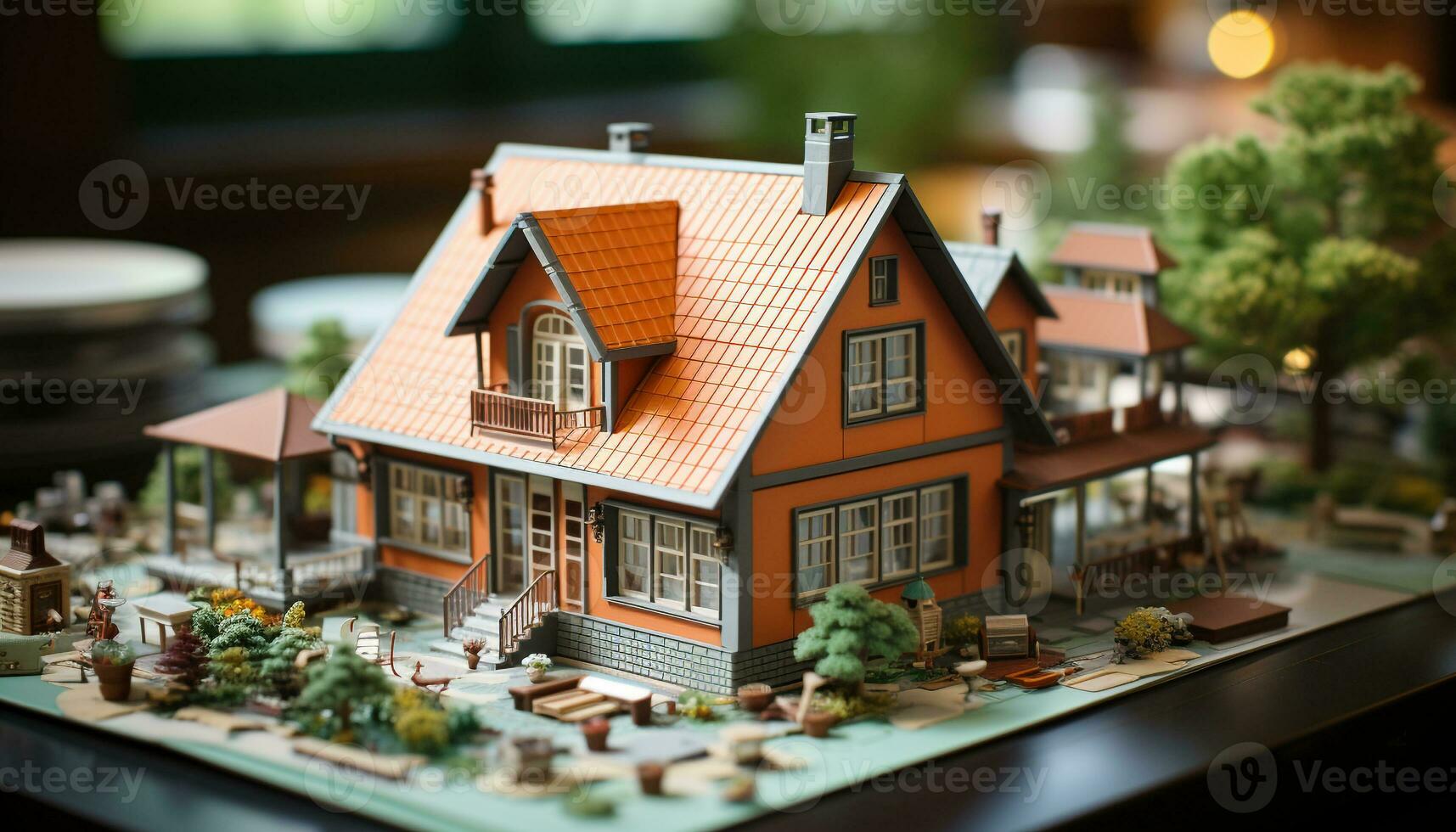 ai gegenereerd houten architectuur, venster decoratie, klein tafel, buitenshuis natuur, groen dak gegenereerd door ai foto