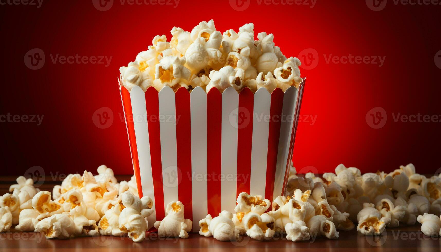 ai gegenereerd aan het kijken een film, snacken Aan popcorn in een rood theater gegenereerd door ai foto