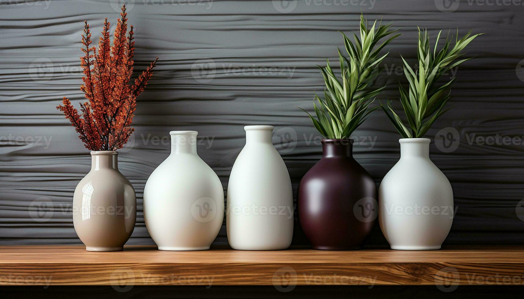 ai gegenereerd modern vaas met vers bloemen Aan houten tafel in rustiek kamer gegenereerd door ai foto