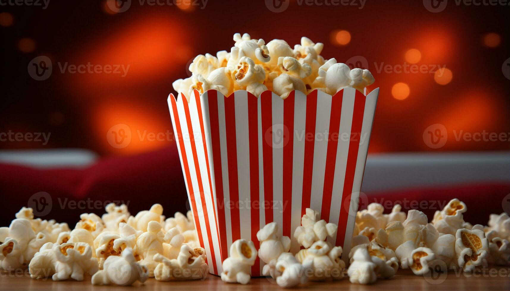 ai gegenereerd aan het kijken film, aan het eten popcorn, genieten van de pret gevulde film theater ervaring gegenereerd door ai foto