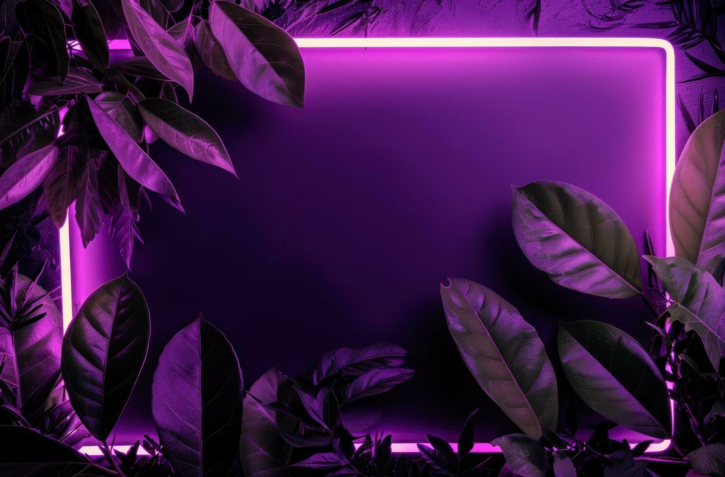 ai gegenereerd neon kader Aan donker achtergrond Aan de Purper achtergrond met groen bladeren foto