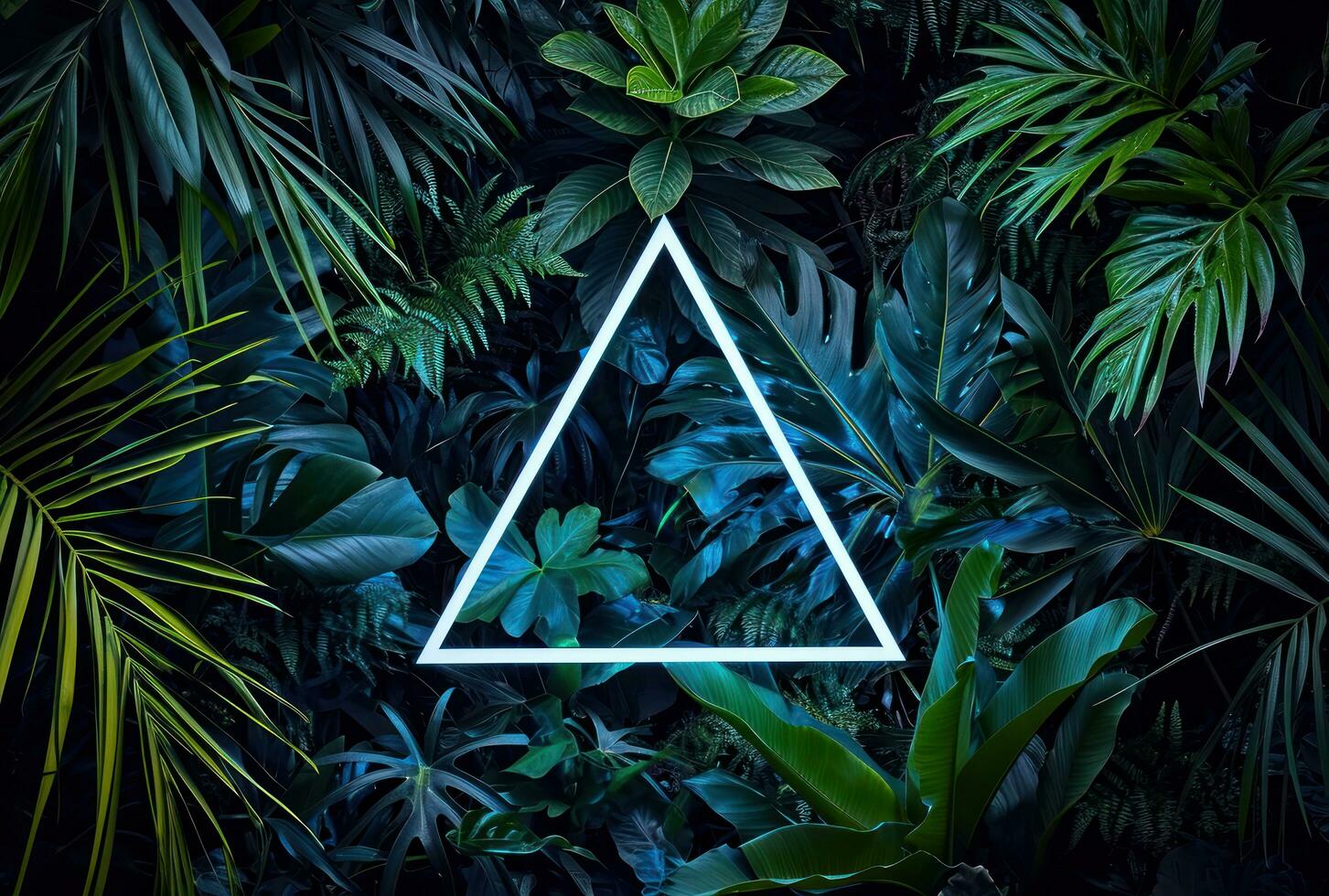 ai gegenereerd neon driehoek omringd door tropisch planten foto