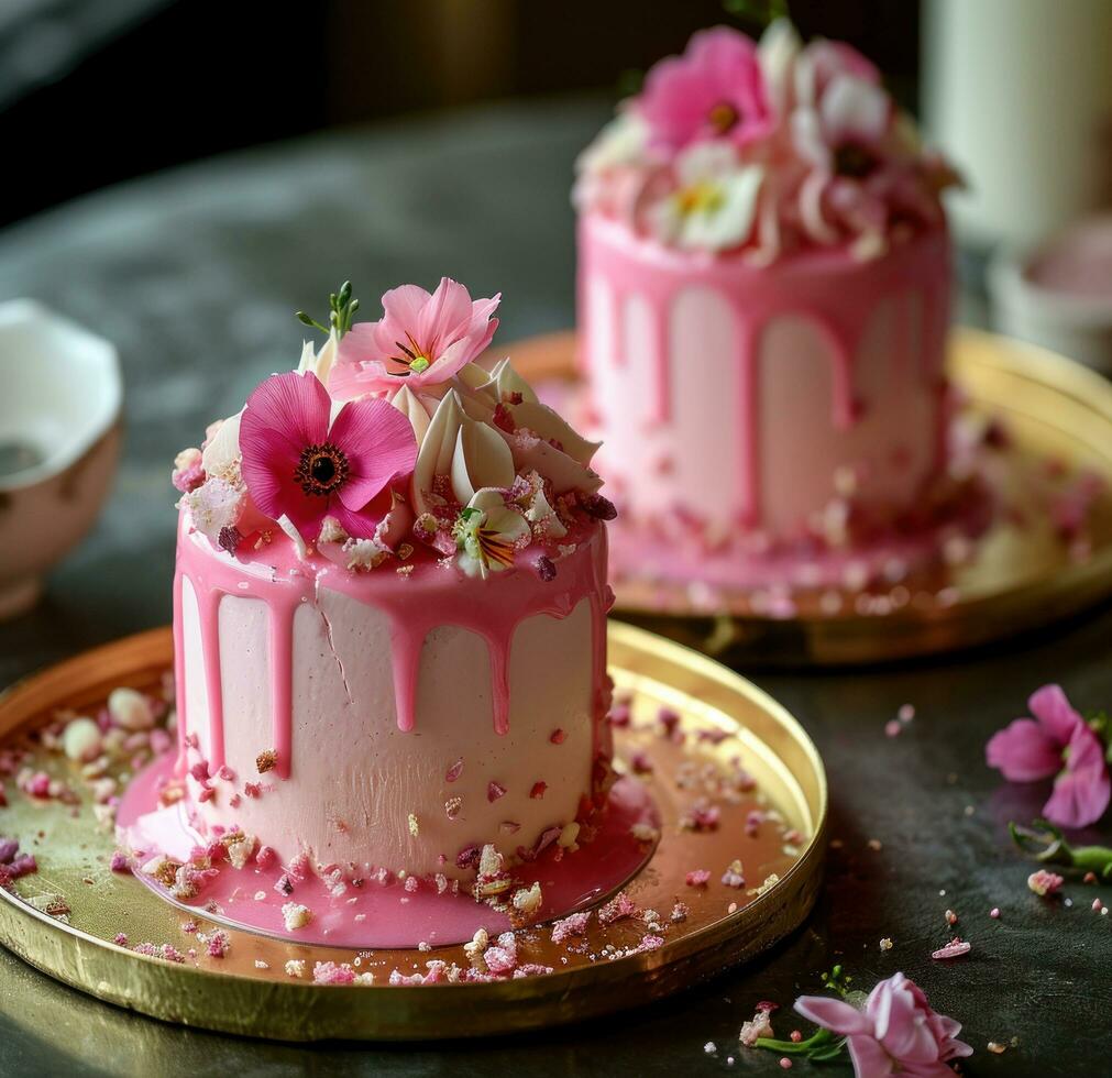 ai gegenereerd twee roze cakes zittend Aan top van een goud bord foto