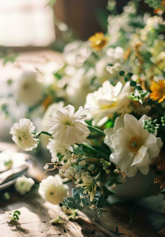 ai gegenereerd wit bloem regelingen Aan tafel foto