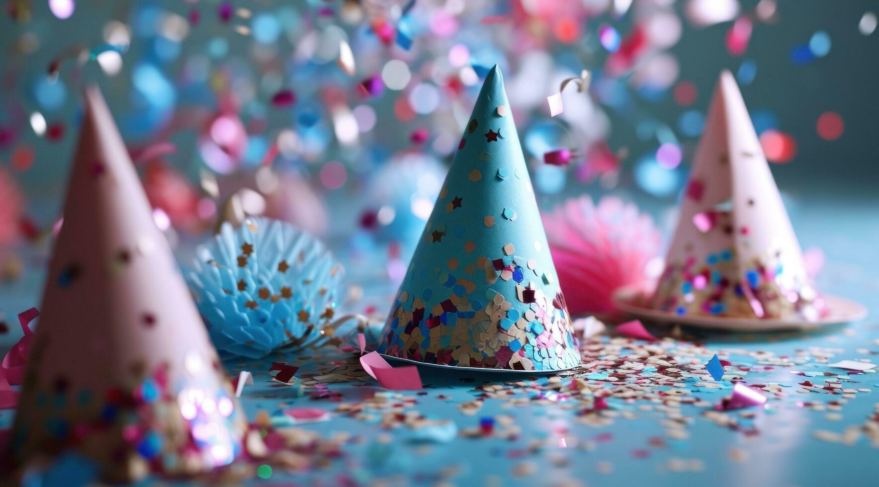 ai gegenereerd drie kleurrijk hoeden zijn vliegend in voorkant van confetti foto