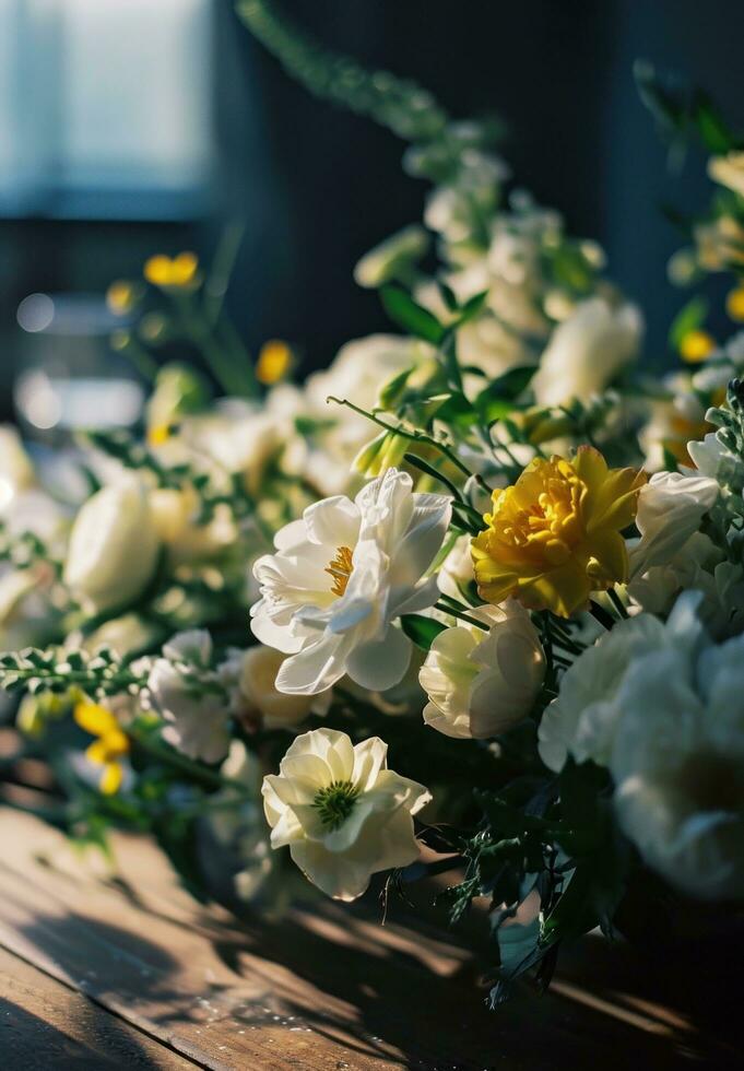 ai gegenereerd wit bloem regelingen Aan tafel foto