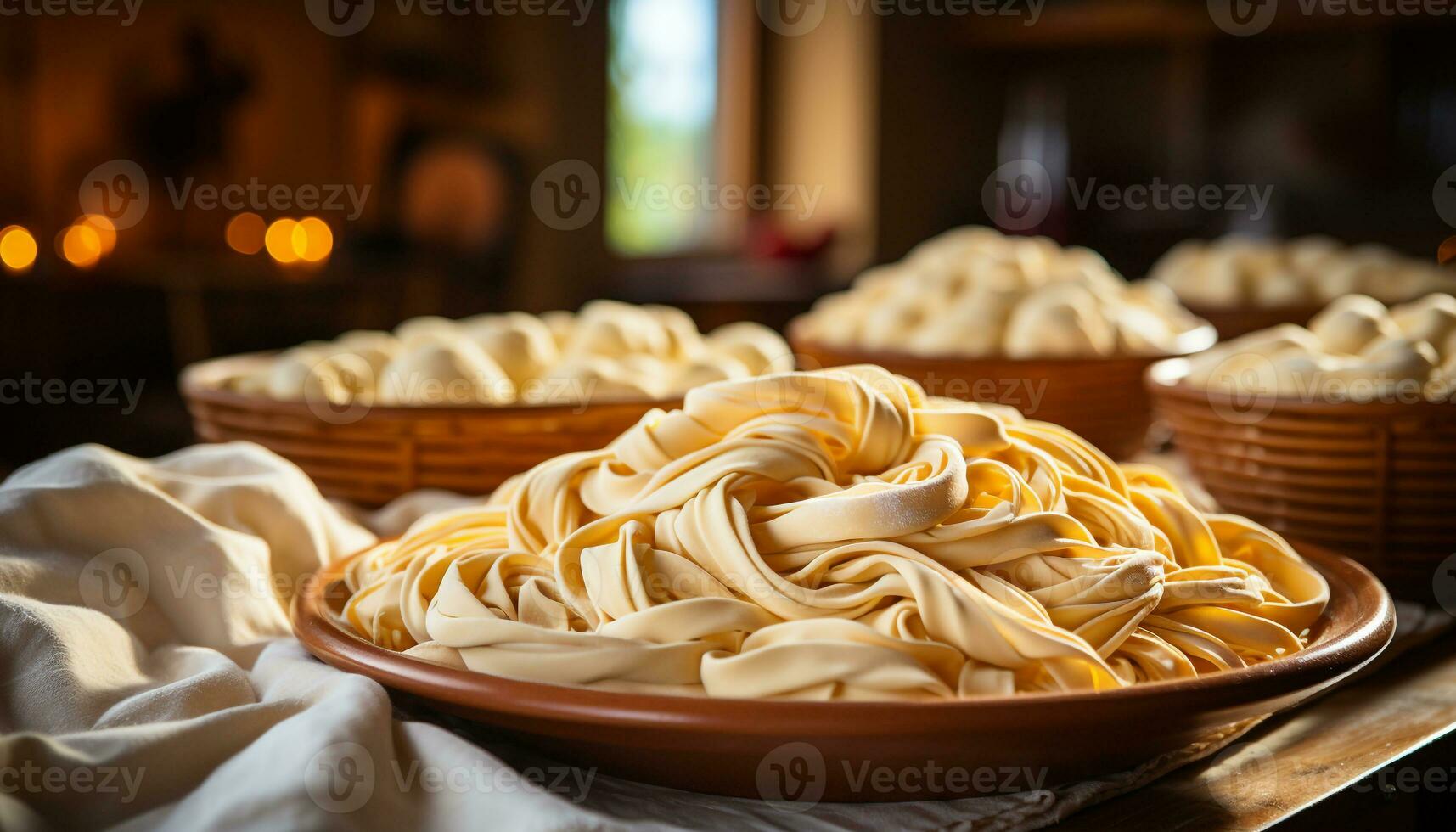 ai gegenereerd eigengemaakt pasta maaltijd Aan rustiek houten tafel, gezond en vers gegenereerd door ai foto