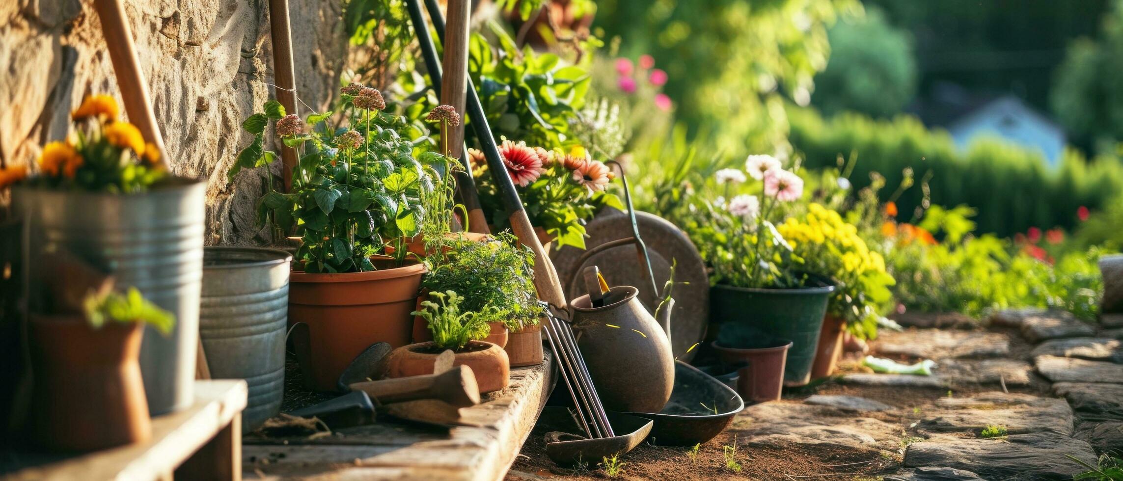 ai gegenereerd tuin gereedschap en buitenshuis uitrusting De volgende naar een pad foto