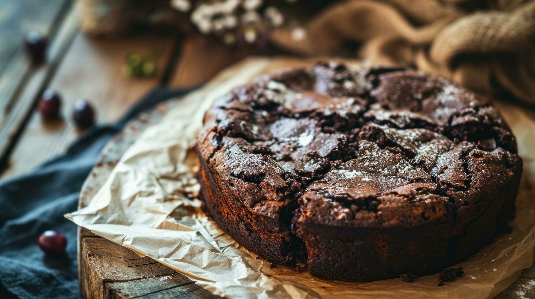 ai gegenereerd eigengemaakt chocola taart Aan bakken papier, rustiek stijl foto