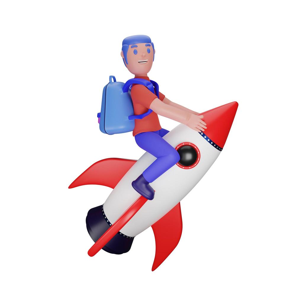 karakter rijden op een raket met een terug naar school-concept foto