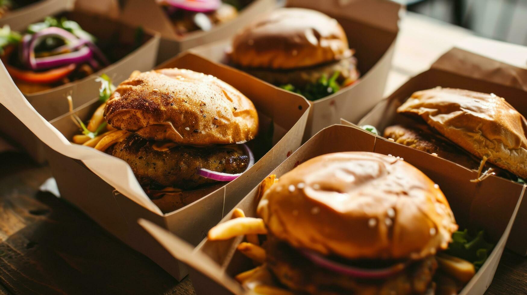 ai gegenereerd straat voedsel. vlees kotelet hamburgers zijn in papier dozen foto