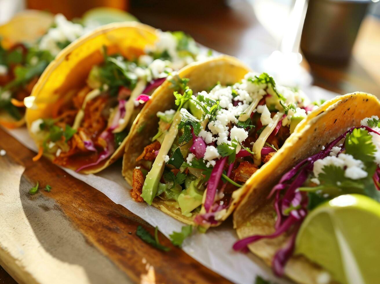 ai gegenereerd drie taco's zijn geserveerd Aan een wit tafel foto