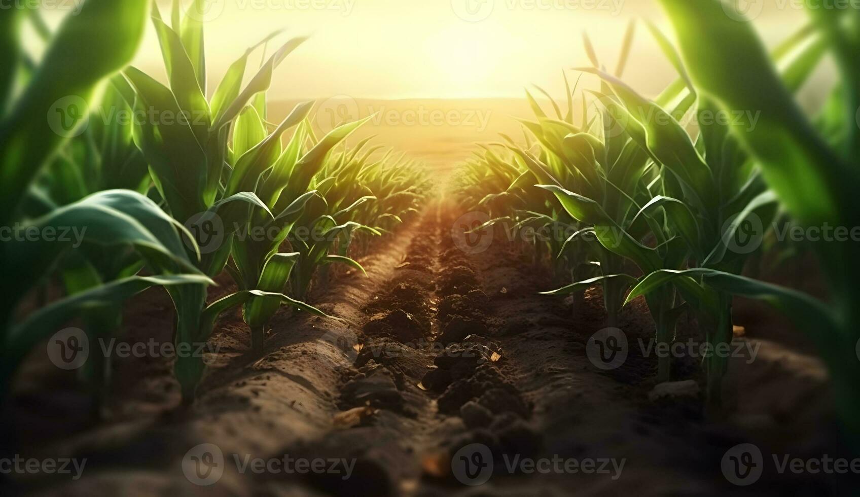 ai gegenereerd bodem visie van jong schiet van maïs geplant in rijen. aarde en groen planten in de achtergrond zonsondergang foto