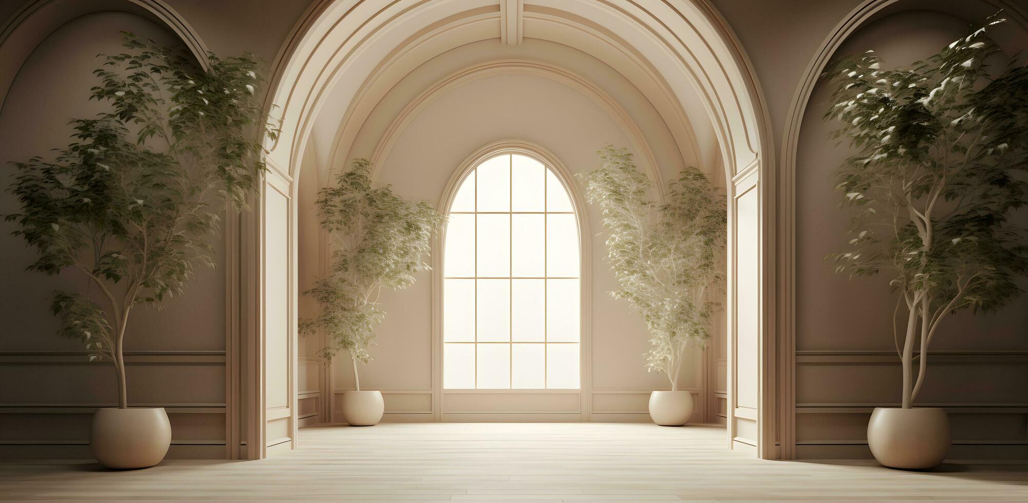 ai gegenereerd bespotten omhoog van leeg kamer in beige kleur met tafel, vaas en winter landschap in venster foto