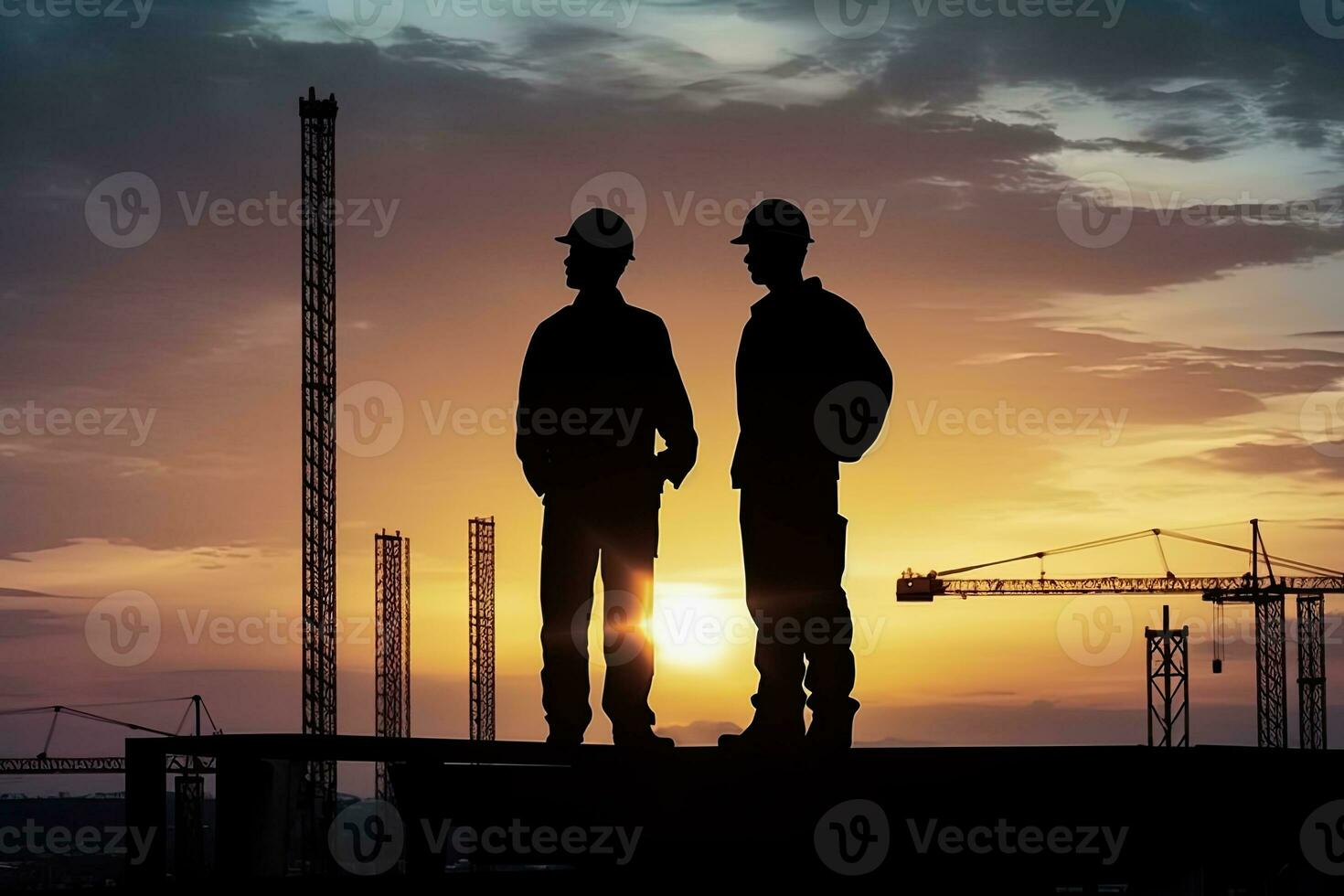 ai gegenereerd silhouet van ingenieur en arbeider met knipsel pad Aan gebouw plaats, bouw plaats Bij zonsondergang in avond tijd. foto