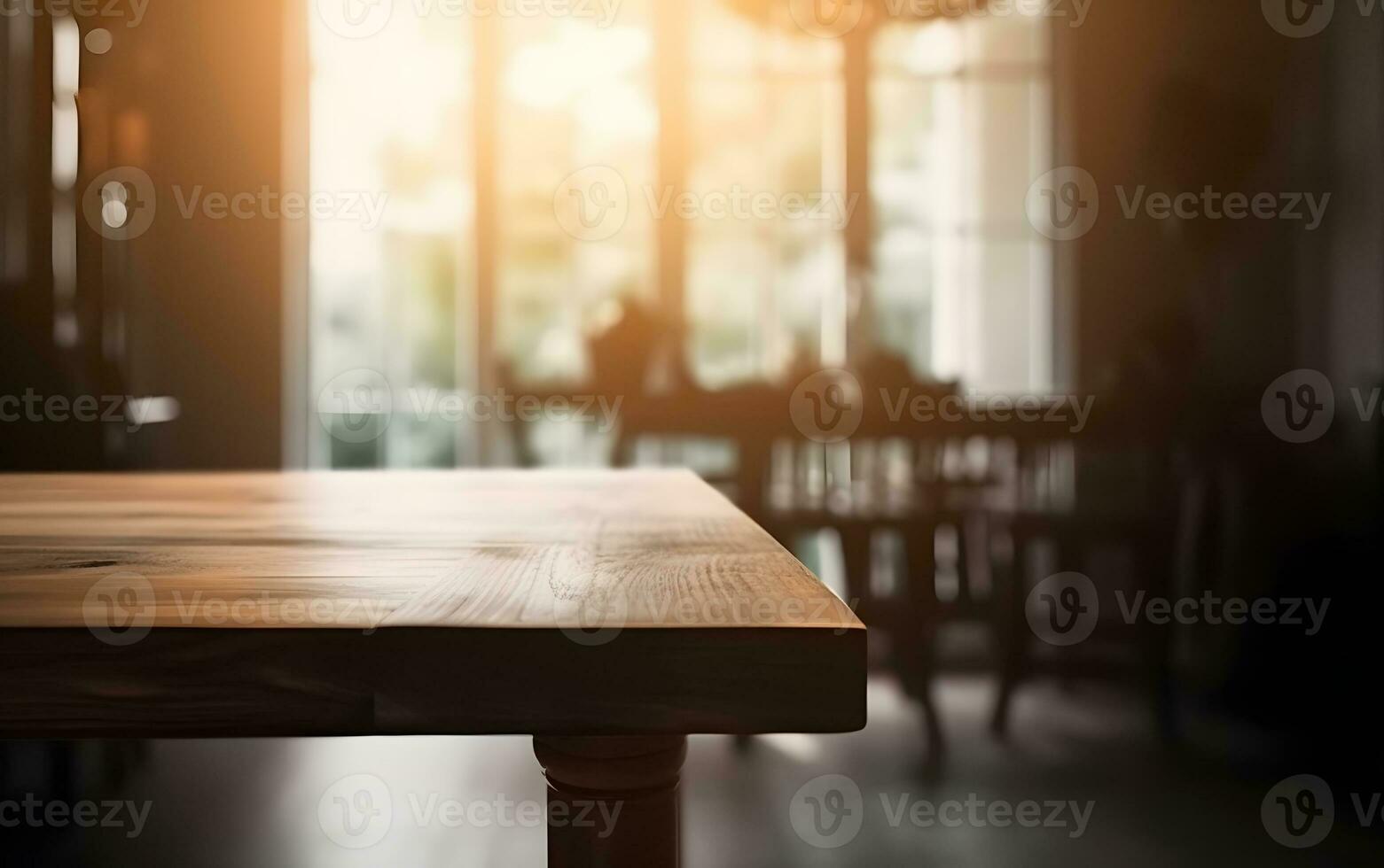 ai gegenereerd leeg houten tafel in voorkant van wazig en abstract venster achtergrond foto