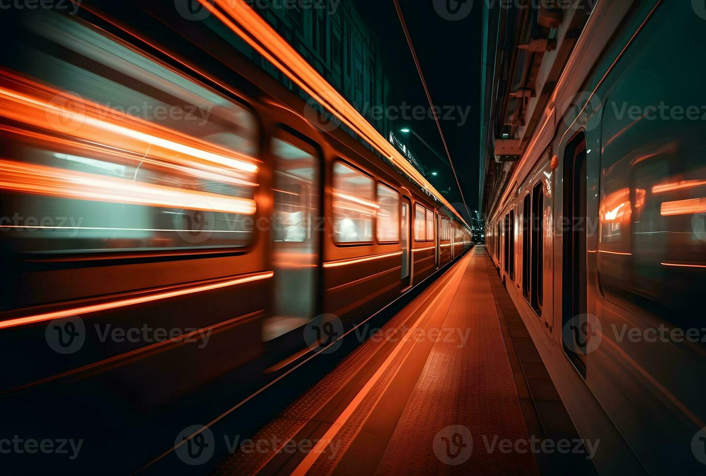 ai gegenereerd een mooi lang blootstelling van een trein voorbijgaan door Bij de ondergronds station foto