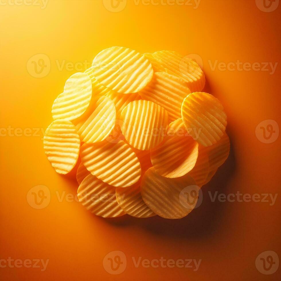 ai gegenereerd aardappel chips Aan oranje achtergrond. top visie, vlak leggen. foto