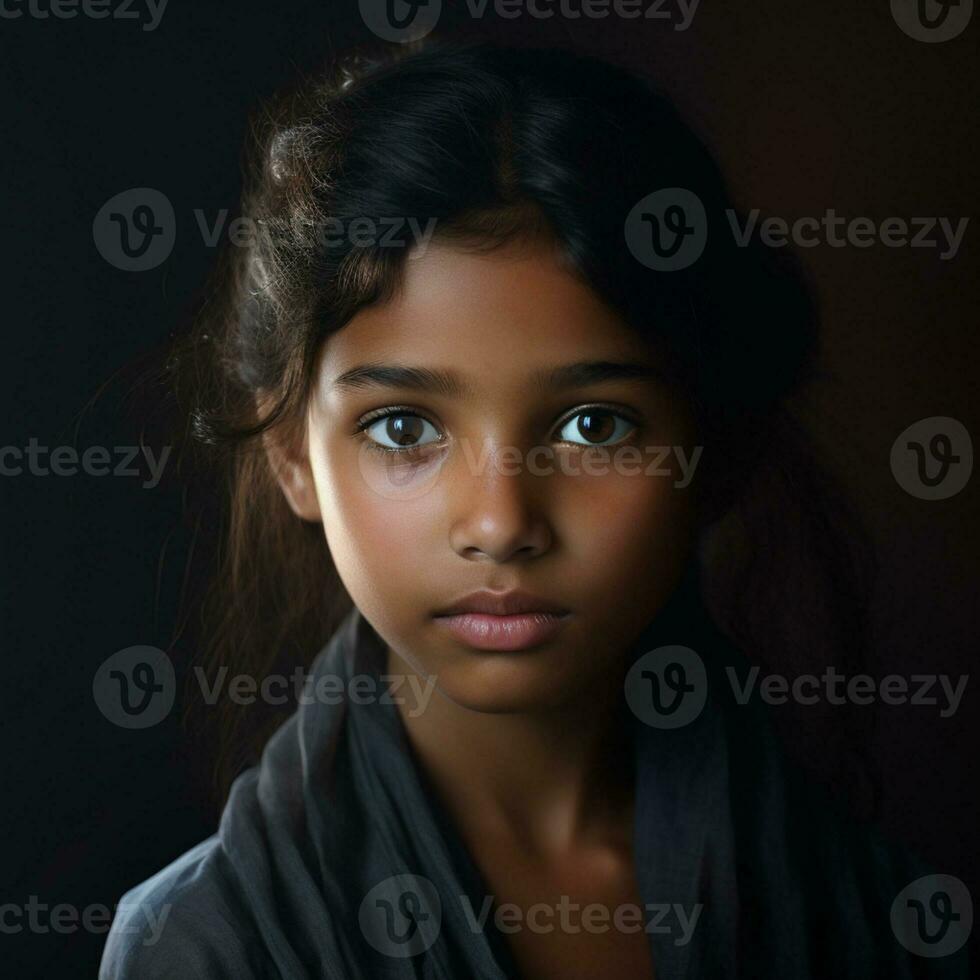 ai gegenereerd portret van een jong Indisch vrouw in donker kleren Aan een donker achtergrond foto