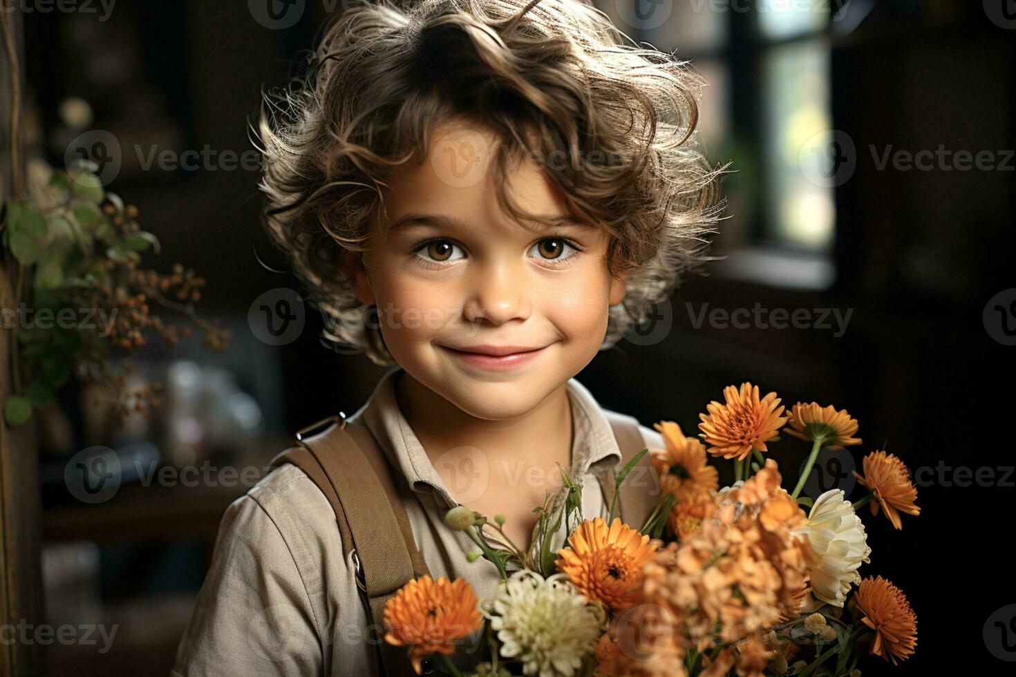 ai gegenereerd weinig krullend haar glimlachen jongen met bruin haar- en boeket van oranje bloemen in handen op zoek Bij camera foto