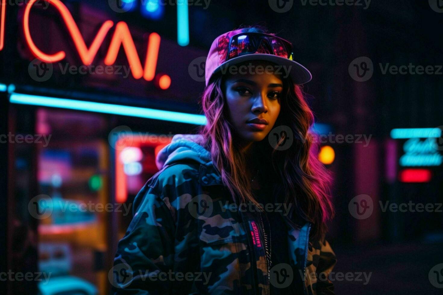 ai gegenereerd straat mode jong Amerika meisje met neon licht en schaduw Speel foto