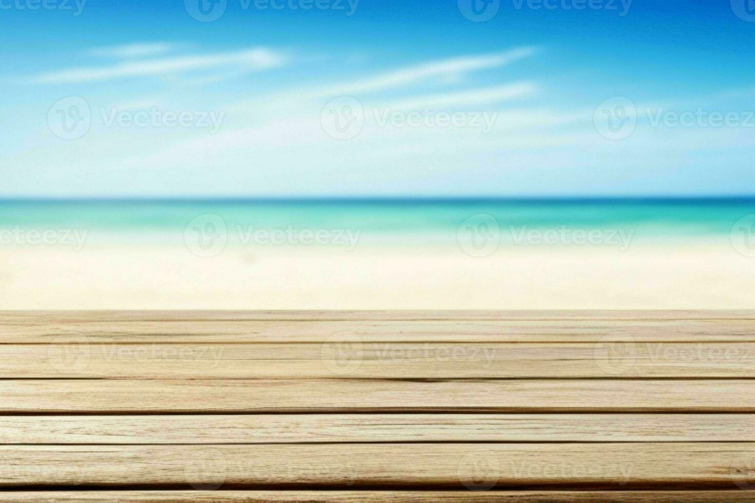 ai gegenereerd leeg houten tafel top met een wazig zeegezicht zomer strand met een blauw lucht achtergrond. pro foto