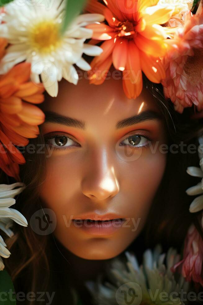 ai gegenereerd een dichtbij omhoog beeld van een vrouw met bloem in de omgeving van haar hoofd foto