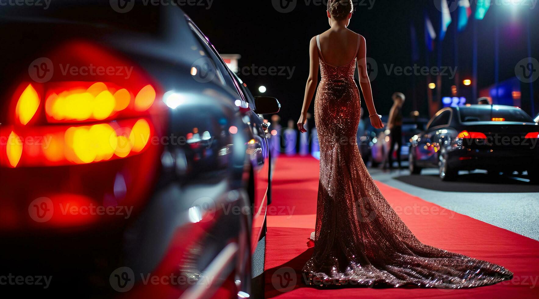 ai gegenereerd beroemdheid vrouw in lang modieus luxe japon wandelen Aan een rood tapijt naar beroemdheid gala evenement foto