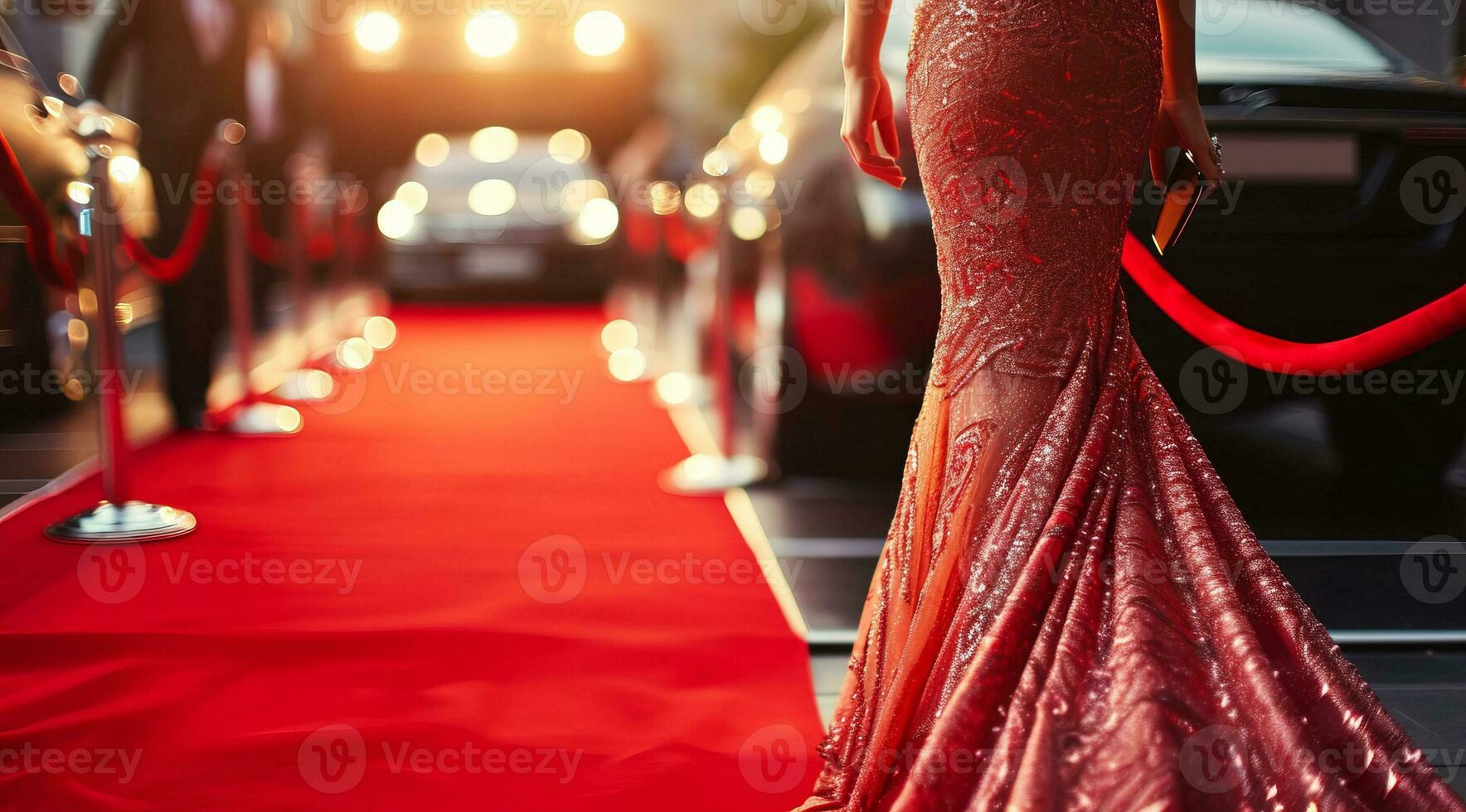 ai gegenereerd beroemdheid vrouw in lang modieus luxe japon wandelen Aan een rood tapijt naar beroemdheid gala evenement foto