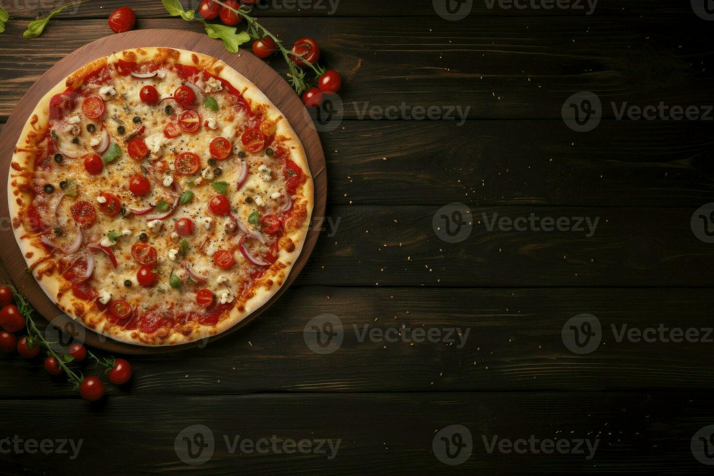 ai gegenereerd pizza met tomaten, champignons en spinazie Aan een donker hout tafel achtergrond. foto