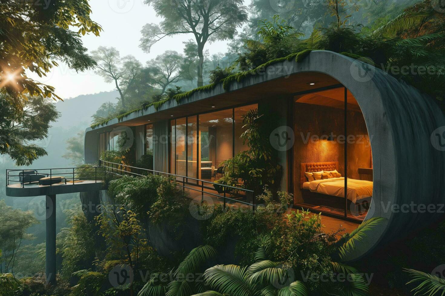 ai gegenereerd mini hotel, futuristische huisje in de bebost bergen foto