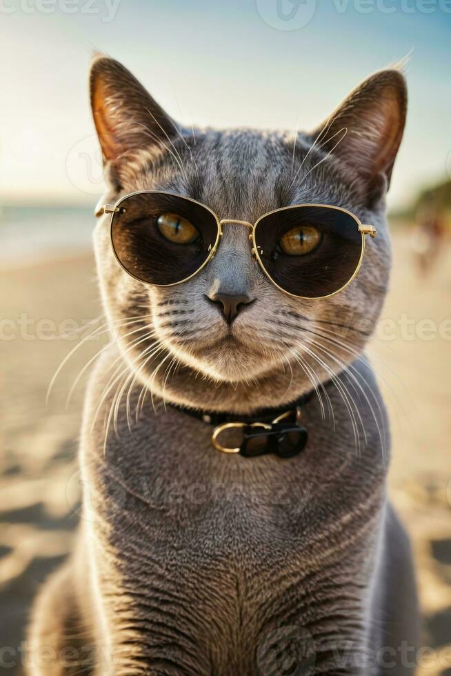 ai gegenereerd een Brits kort haar kat vervelend zonnebril Aan de strand foto