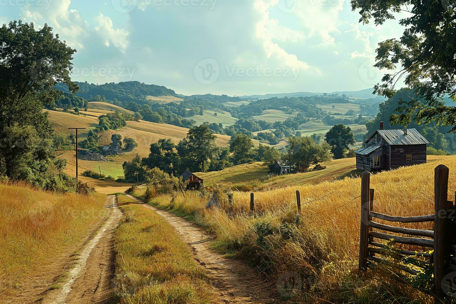 ai gegenereerd mooi landelijk landschap met oud hutten en schuren foto