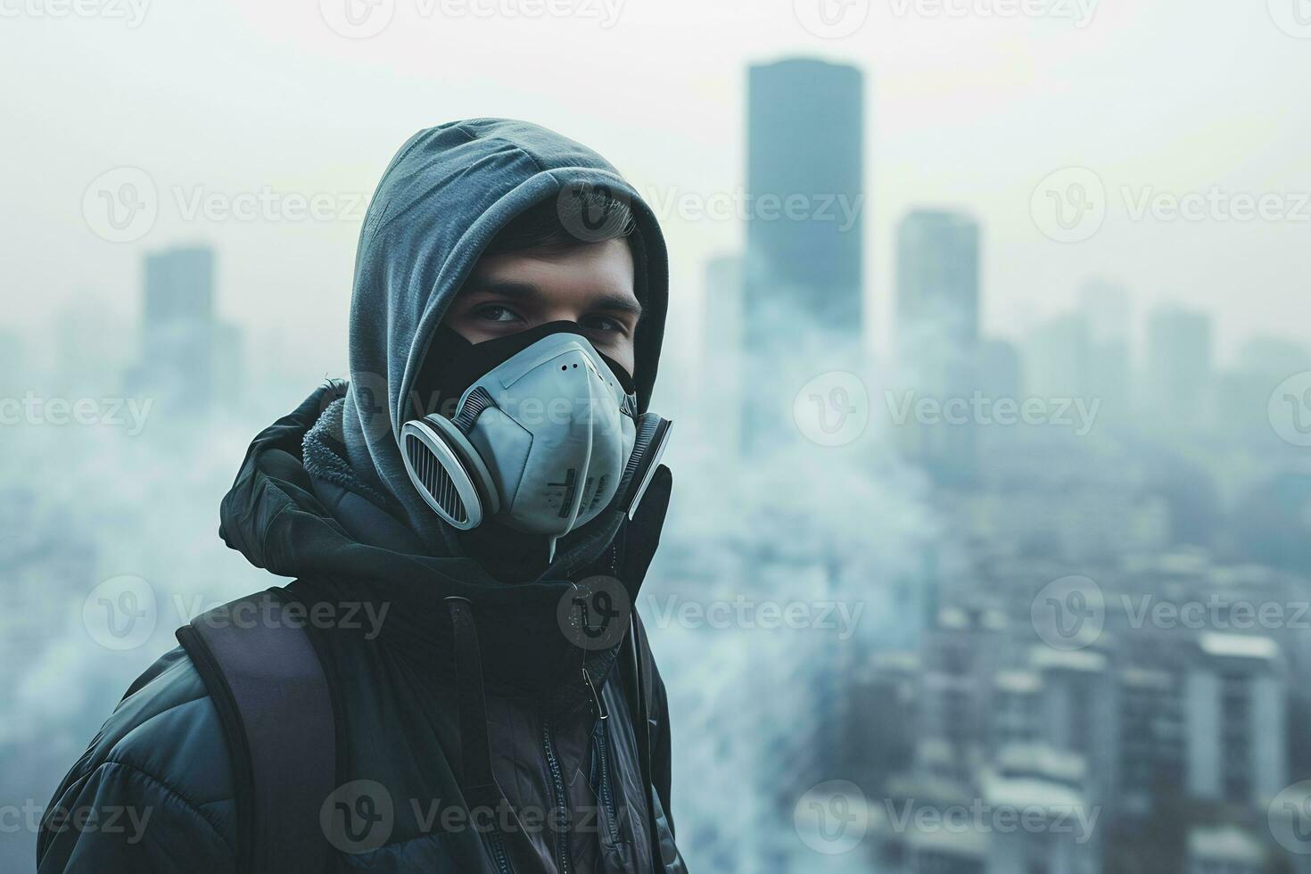 ai gegenereerd een Mens vervelend een masker tegen lucht verontreiniging foto