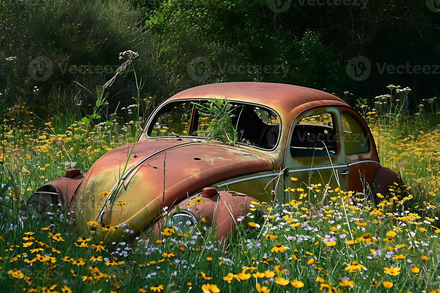 ai gegenereerd een verroest uit oud auto zittend in een veld- van bloemen foto