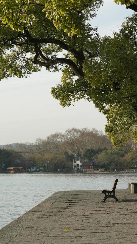 het prachtige xihu-landschap met de oude boogbrug en tempeltoren in hangzhou van China in de winter foto