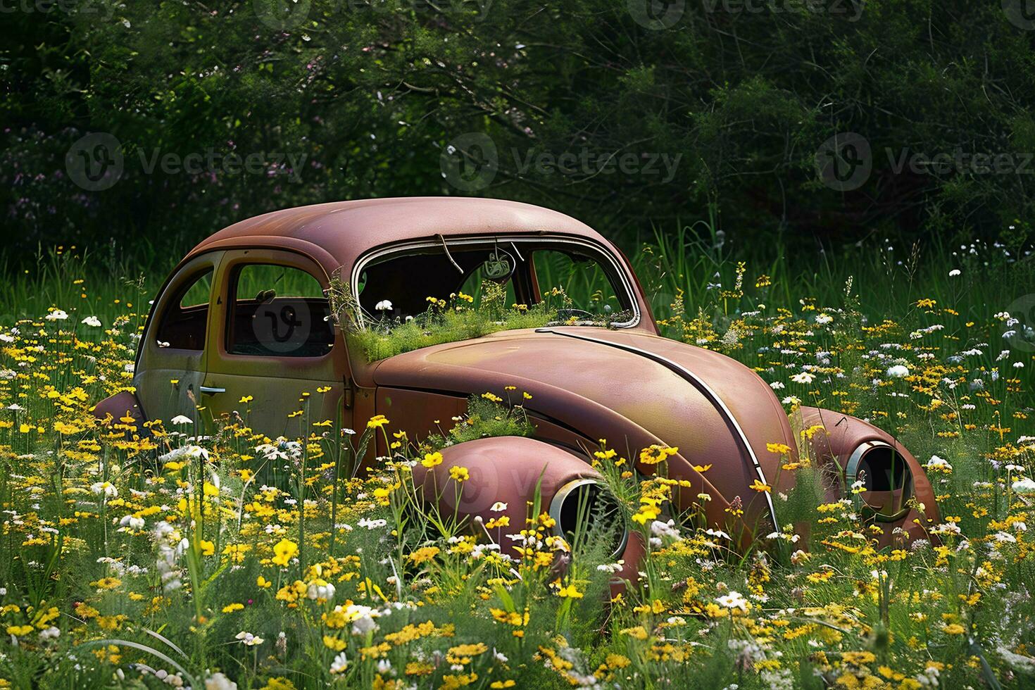 ai gegenereerd een verroest uit oud auto zittend in een veld- van bloemen foto