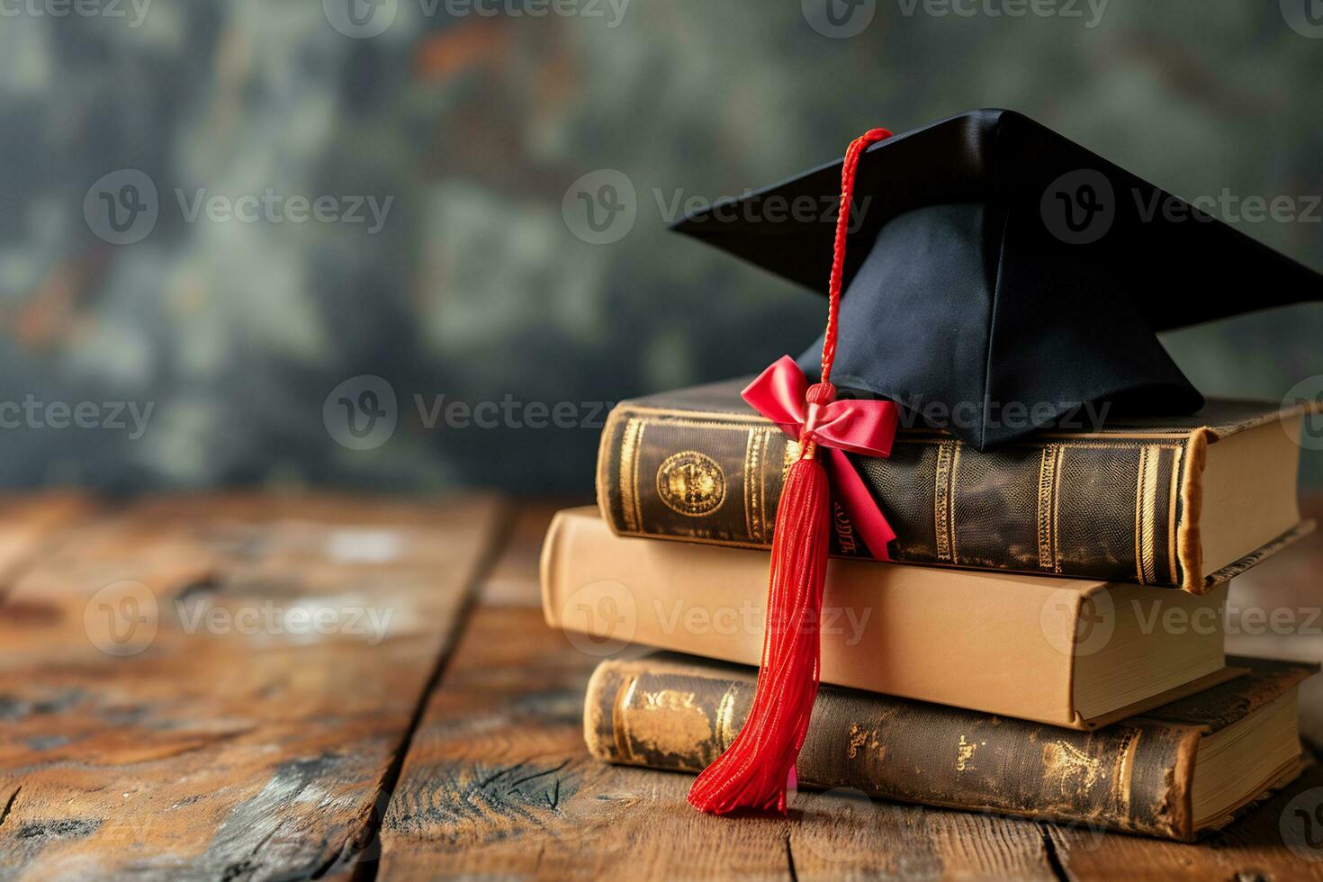 ai gegenereerd een Mortier bord diploma uitreiking diploma Aan top van gestapeld boek foto