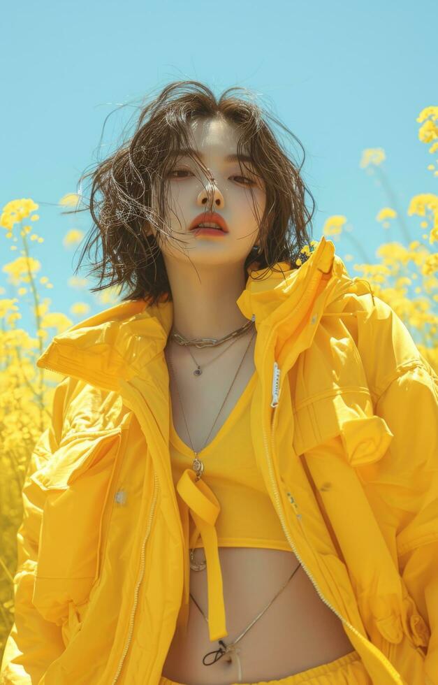 ai gegenereerd lu fei Kang vervelend een geel jasje en shorts foto