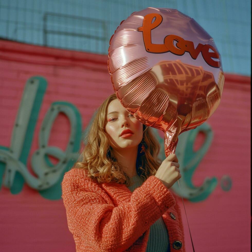 ai gegenereerd een vrouw Holding een ballon met de woord liefde foto