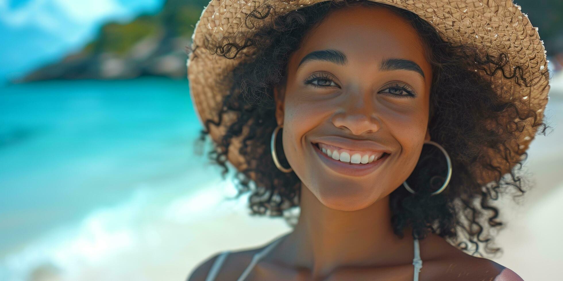ai gegenereerd gelukkig Afrikaanse Amerikaans vrouw in hoed Aan de strand foto
